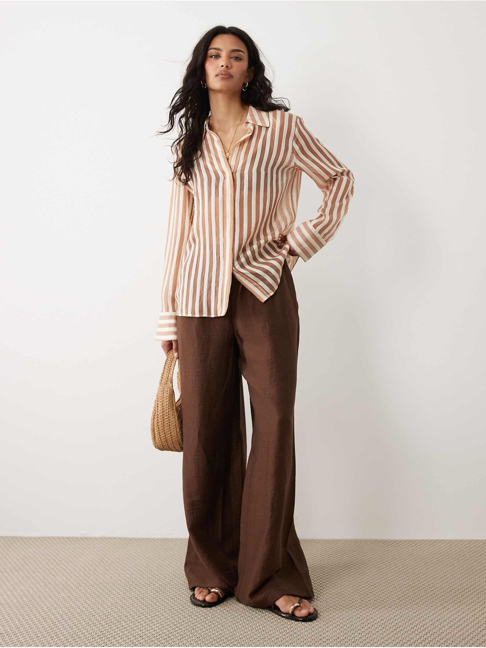 Zara Sheer Striped Button Up Blouse Medium Blush Cream Relaxed M - Picture 10 of 11